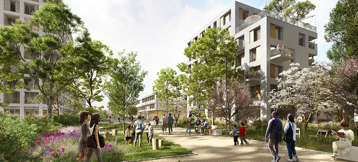 Perspective montrant des bâtiments avec des gens qui se baladent dans un chemin arboré